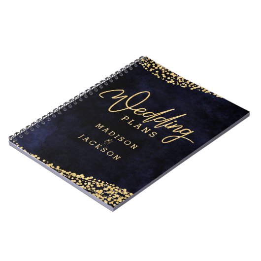 Marineblauw Waterverf Goud Confetti Bruiloft Plann Notitieboek (Linkerzijde)
