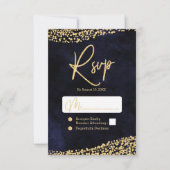 Marineblauw Waterverf & Goud Confetti Bruiloft RSV RSVP Kaartje (Voorkant)