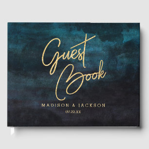 Marineblauw Waterverf & Gouden Bruiloft Monogram Gastenboek