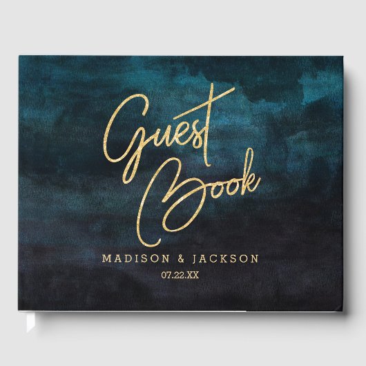 Marineblauw Waterverf & Gouden Bruiloft Monogram Gastenboek (Voorkant)