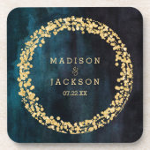 Marineblauw Waterverf & Gouden Bruiloft Monogram Onderzetter (Voorkant)