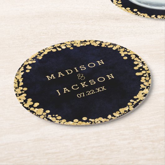 Marineblauw Waterverf & Gouden Bruiloft Monogram Ronde Kartonnen Onderzetter (Gebogen)