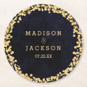 Marineblauw Waterverf & Gouden Bruiloft Monogram Ronde Kartonnen Onderzetter (Voorkant)