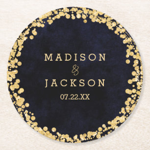 Marineblauw Waterverf & Gouden Bruiloft Monogram Ronde Kartonnen Onderzetter