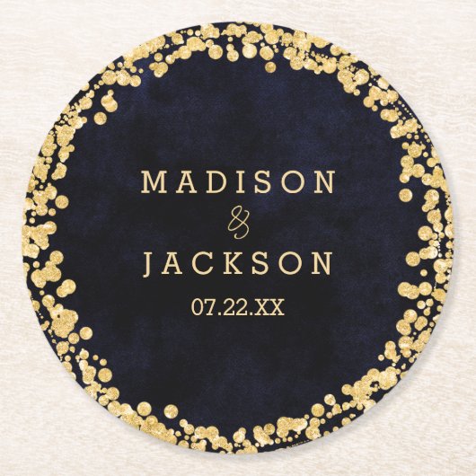 Marineblauw Waterverf & Gouden Bruiloft Monogram Ronde Kartonnen Onderzetter (Voorkant)