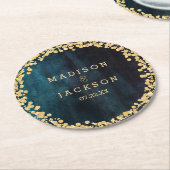 Marineblauw Waterverf & Gouden Bruiloft Monogram Ronde Kartonnen Onderzetter (Gebogen)