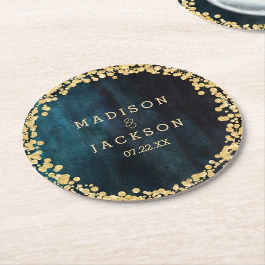 Marineblauw Waterverf & Gouden Bruiloft Monogram Ronde Kartonnen Onderzetter (Gebogen)