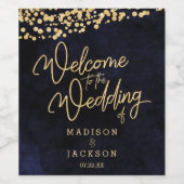 Marineblauw Waterverf & Gouden Bruiloft Welkom Wijn Etiket (Enkel label)