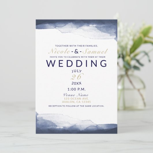 Marineblauw Waterverf Modern chique bruiloft Kaart (Staand voorkant)