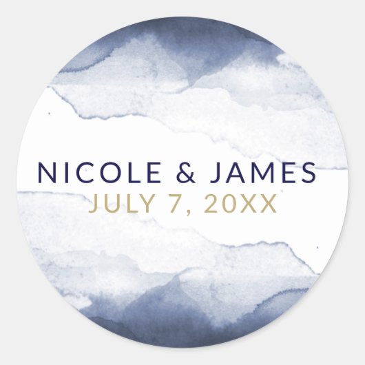 Marineblauw Waterverf Modern chique bruiloft Ronde Sticker (Voorkant)