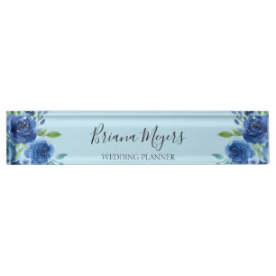 Marineblauw Waterverf Modern Floral Business Desk Naambordje