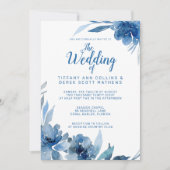 Marineblauw Waterverf Romantic Wedding Kaart (Voorkant)
