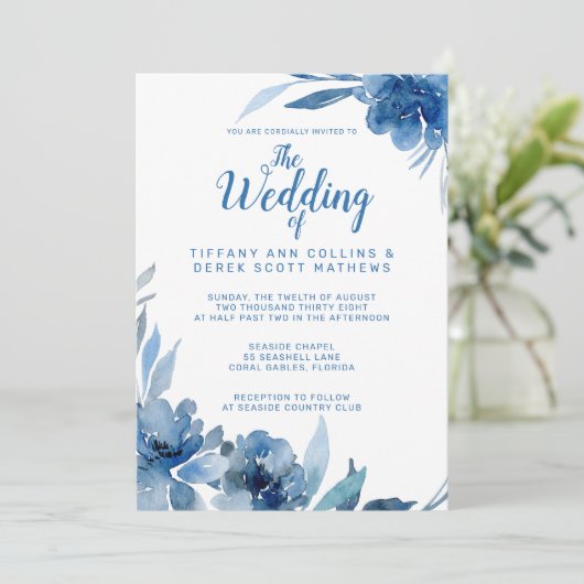 Marineblauw Waterverf Romantic Wedding Kaart (Staand voorkant)