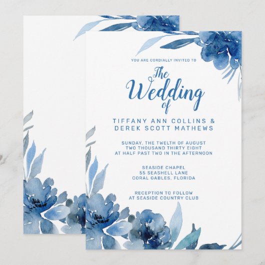 Marineblauw Waterverf Romantic Wedding Kaart (Voorkant / Achterkant)
