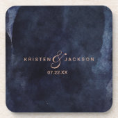 Marineblauw Waterverf & Roos Gouden Bruiloft Monog Bier Onderzetter (Voorkant)