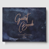 Marineblauw Waterverf & Roos Gouden Bruiloft Monog Gastenboek (Voorkant)