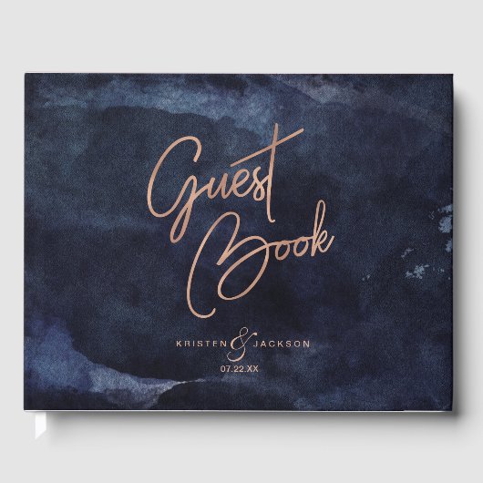 Marineblauw Waterverf & Roos Gouden Bruiloft Monog Gastenboek (Voorkant)