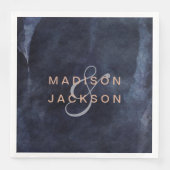 Marineblauw Waterverf & Roos Gouden Bruiloft Monog Servetten (Voorkant)