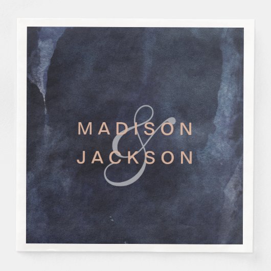 Marineblauw Waterverf & Roos Gouden Bruiloft Monog Servetten (Voorkant)