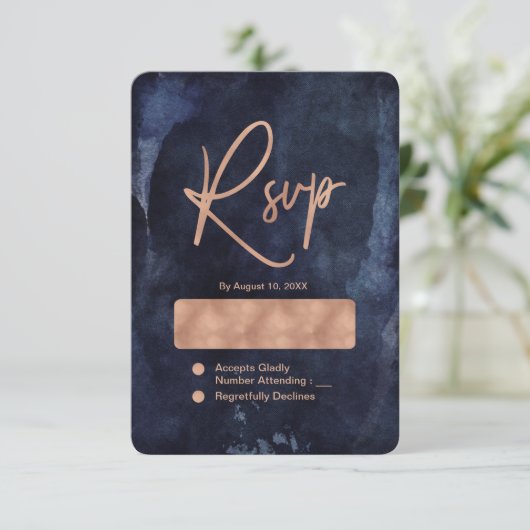 Marineblauw Waterverf & Roos Gouden Bruiloft RSVP (Staand voorkant)