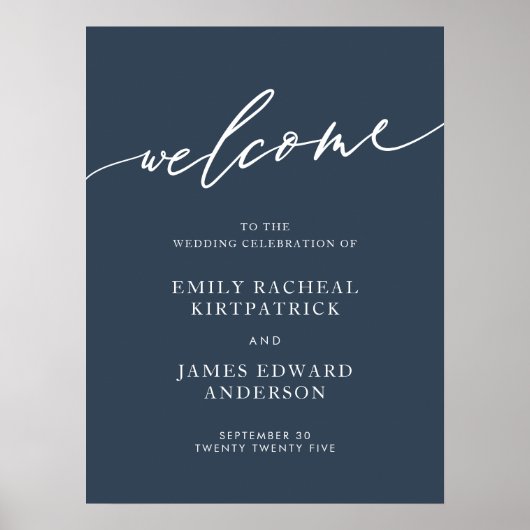 Marineblauw Welkom Kalligrafie Eenvoudige bruiloft Poster (Voorkant)