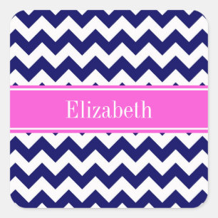 Marineblauw Wht Chevron Heet Roze Naam Monogram Vierkante Sticker