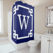 Marineblauw Wht Grieks Sleutel #2 Ingelijste Initi Douchegordijn (In situ)