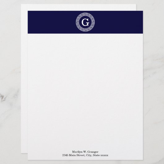 Marineblauw Wht Grieks Sleutel RND Lijst Initiaal Briefhoofd Ontwerp (Voorkant / Achterkant)