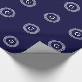 Marineblauw Wht Grieks Sleutel RND Lijst Initiaal  Cadeaupapier (Hoek)