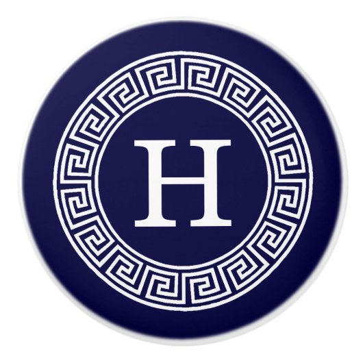 Marineblauw Wht Grieks Sleutel RND Lijst Initiaal Keramische Knop (Voorkant)