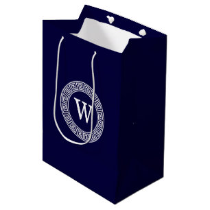 Marineblauw Wht Grieks Sleutel RND Lijst Initiaal  Medium Cadeauzakje