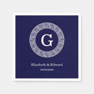 Marineblauw Wht Grieks Sleutel RND Lijst Initiaal  Servet