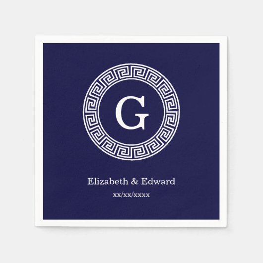 Marineblauw Wht Grieks Sleutel RND Lijst Initiaal  Servet (Voorkant)