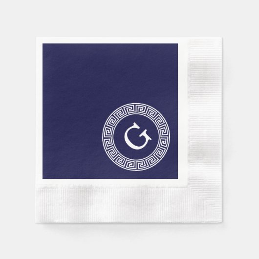 Marineblauw Wht Grieks Sleutel RND Lijst Initiaal Servetten (Voorkant)
