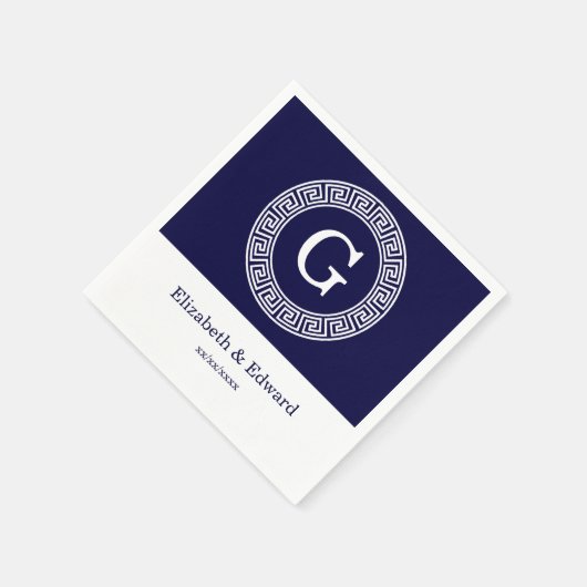 Marineblauw Wht Grieks Sleutel RND Lijst Initiaal  Servetten (Hoek)