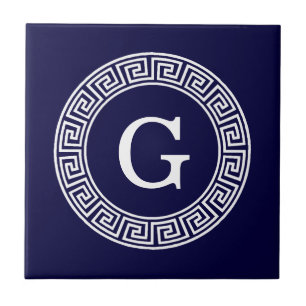 Marineblauw Wht Grieks Sleutel RND Lijst Initiaal  Tegeltje