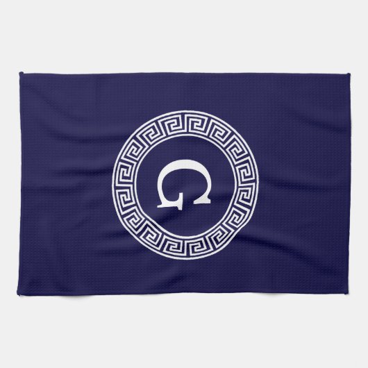 Marineblauw Wht Grieks Sleutel RND Lijst Initiaal  Theedoek (Horizontaal)