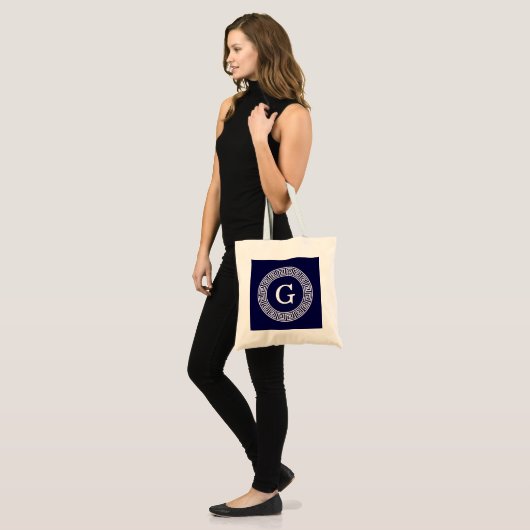 Marineblauw Wht Grieks Sleutel RND Lijst Initiaal  Tote Bag (Voorkant (model))