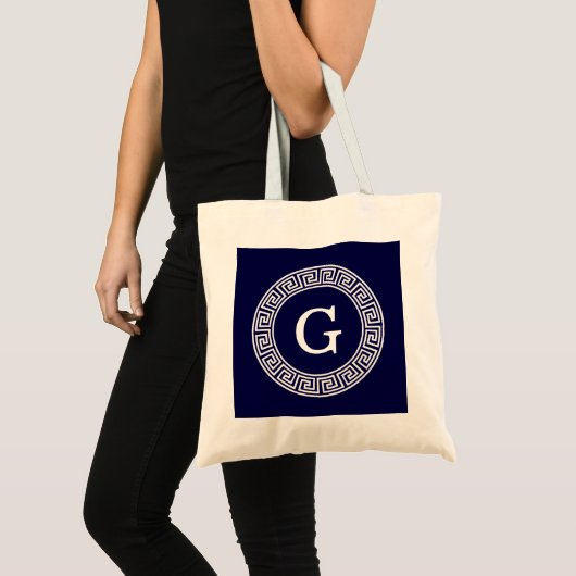 Marineblauw Wht Grieks Sleutel RND Lijst Initiaal  Tote Bag (Voorkant (product))