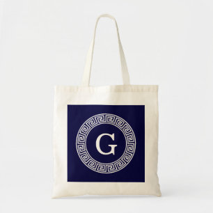 Marineblauw Wht Grieks Sleutel RND Lijst Initiaal Tote Bag