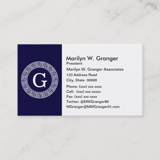 Marineblauw Wht Grieks Sleutel RND Lijst Initiaal  Visitekaartje (Voorkant)