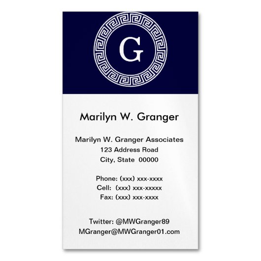 Marineblauw Wht Grieks Sleutel RND Lijst Initiaal  Visitekaartje Magneet (Voorkant Verticaal)