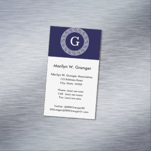 Marineblauw Wht Grieks Sleutel RND Lijst Initiaal  Visitekaartje Magneet