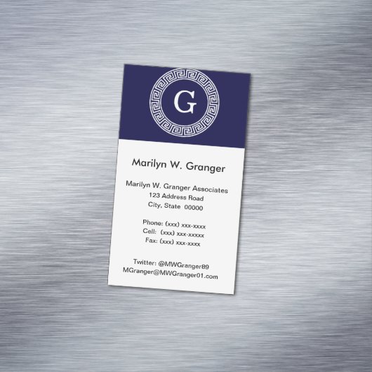 Marineblauw Wht Grieks Sleutel RND Lijst Initiaal  Visitekaartje Magneet (Voorbeeld)