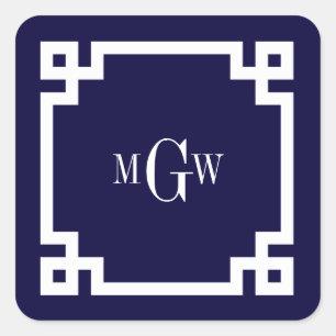 Marineblauw Wht Griekse Sleutel #2 Omlijst 3 Init  Vierkante Sticker