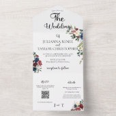 Marineblauw & Wijnrood Aquarel Bloem All In One Uitnodiging (Binnen)