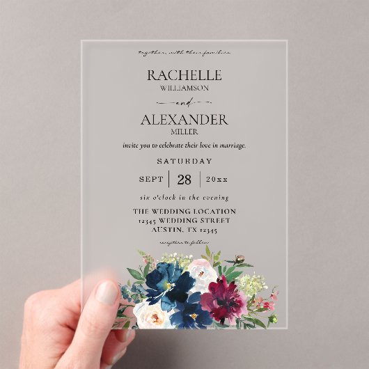 Marineblauw, wijnrood en witte bloemen bruiloft acryl uitnodigingen (Insitu (Draagbaar))