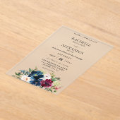 Marineblauw, wijnrood en witte bloemen bruiloft acryl uitnodigingen (Laagn)