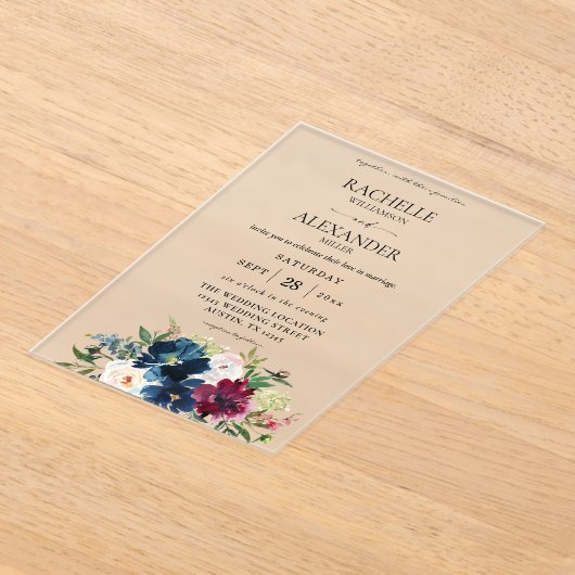 Marineblauw, wijnrood en witte bloemen bruiloft acryl uitnodigingen (Laagn)