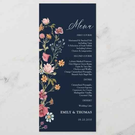 Marineblauw Wildbloemen Bruiloft Menu (Voorkant)